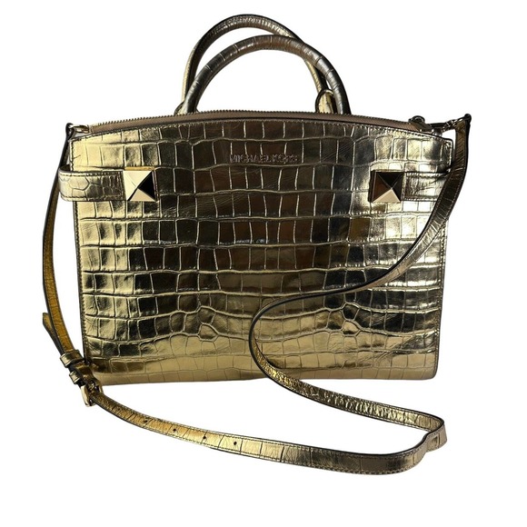 Michael Kors Gold Karla Satchel Shoulder Bag Handbag Purse Embossed Leather - Picture 4 of 16